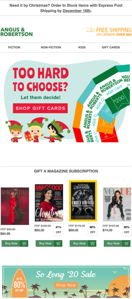 Angus & Robertson holiday gift card email