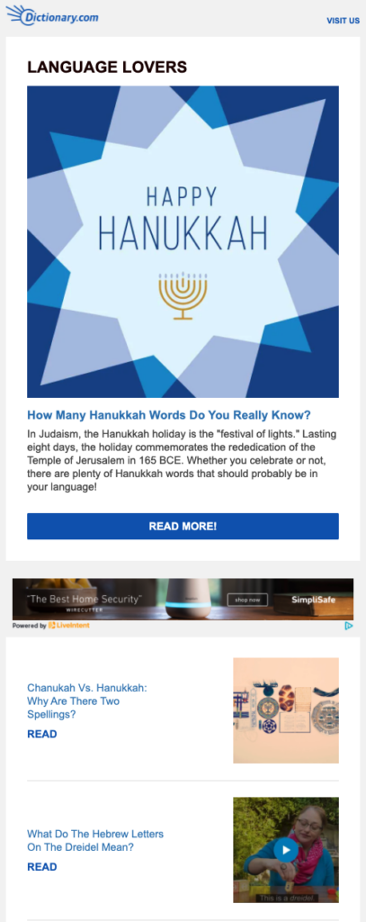 Example of season’s greetings emails (Hanukkah) from dictionary.com