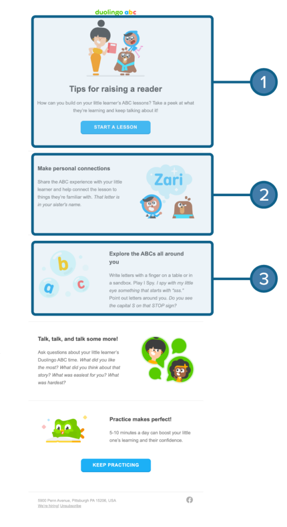 Duolingo ABC email with snippets marked