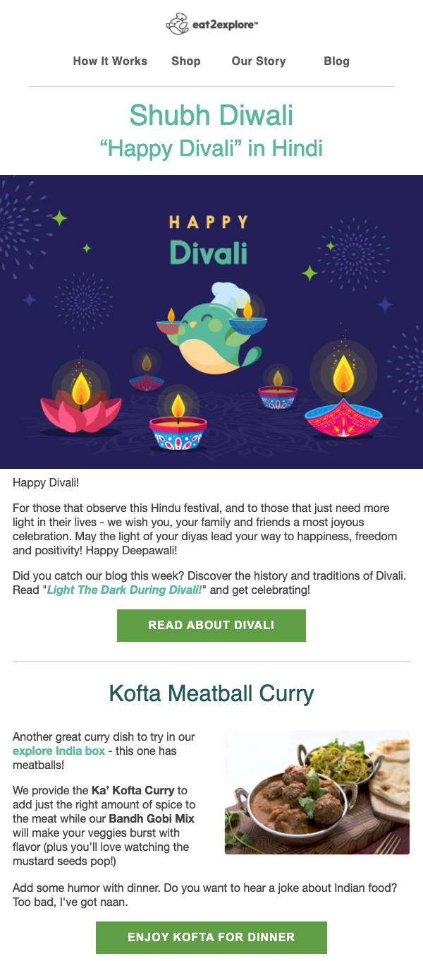 Example of season’s greetings emails (Diwali) from eat2explore