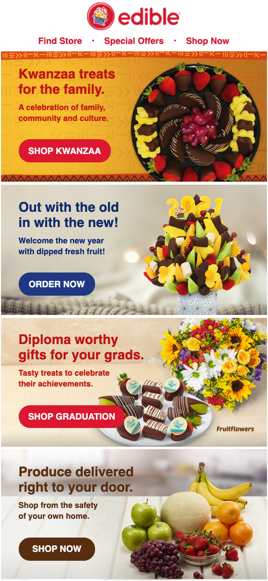 Example of season’s greetings emails (Kwanzaa) from Edible Arrangements