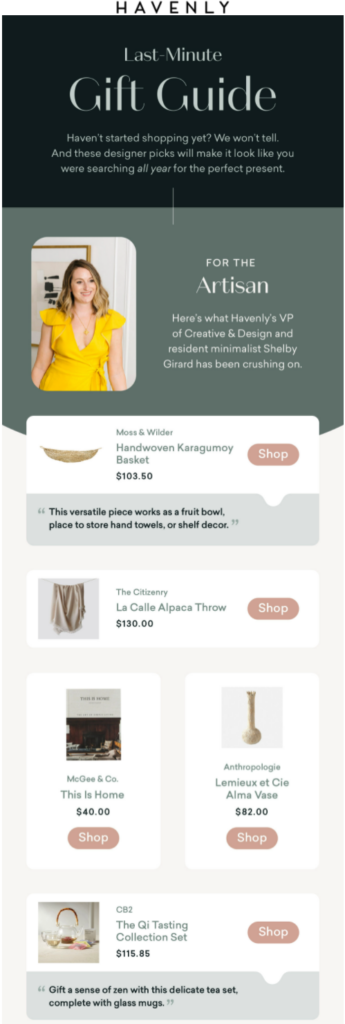 Havenly last-minute holiday gift guide email