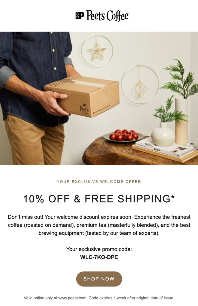 peets coffee 10% off email