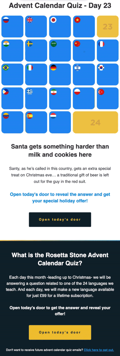 Example of season’s greetings emails from Rosetta Stone