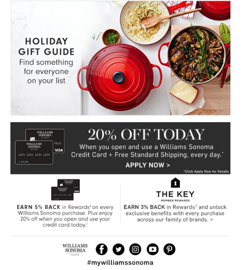 Williams Sonoma holiday email footer with gift guide block