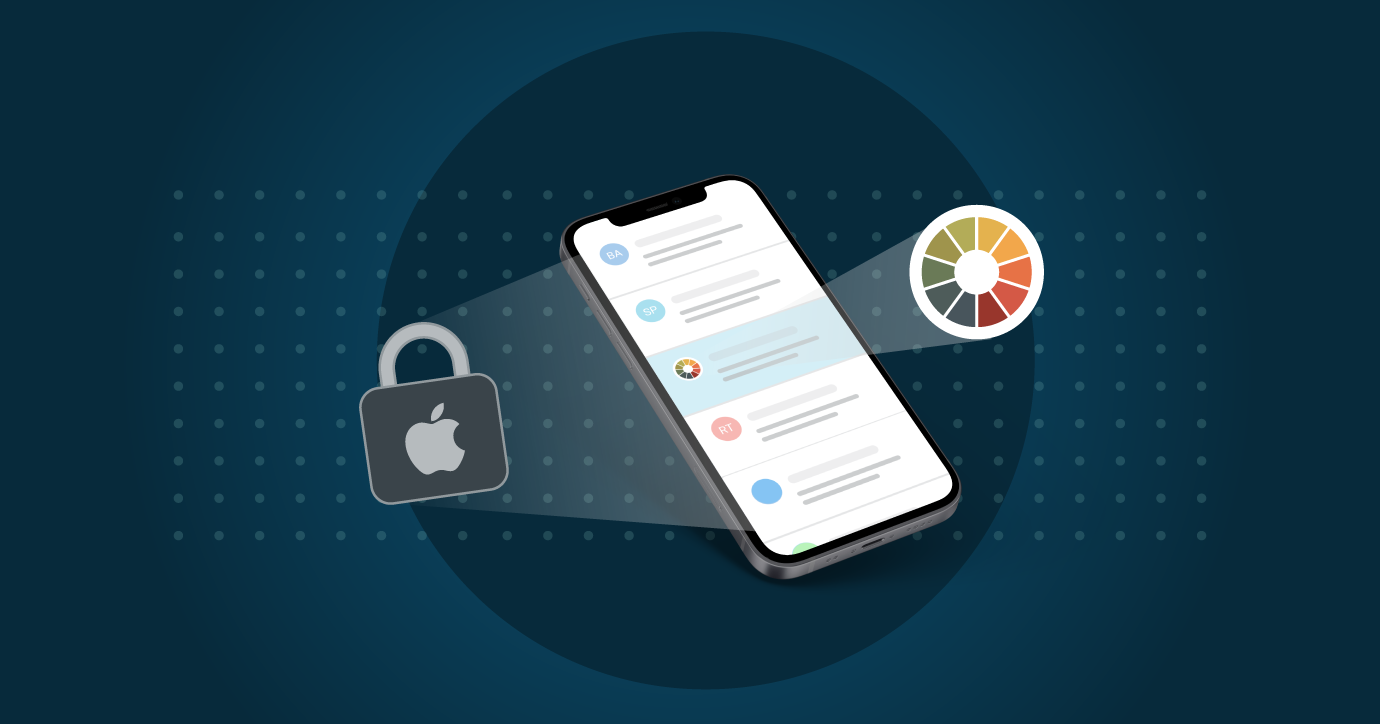 Image of lock with Apple logo, smartphone with emails with brand logo by the sender name