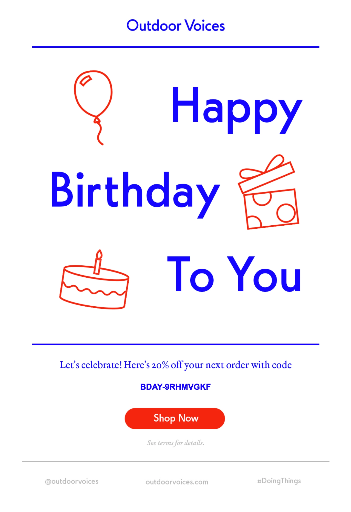 Birthday email example from Outdoor Voices