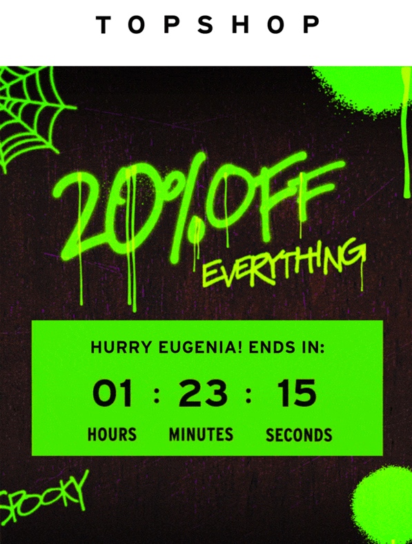 Example of personalization using countdown timers in email from Topshop