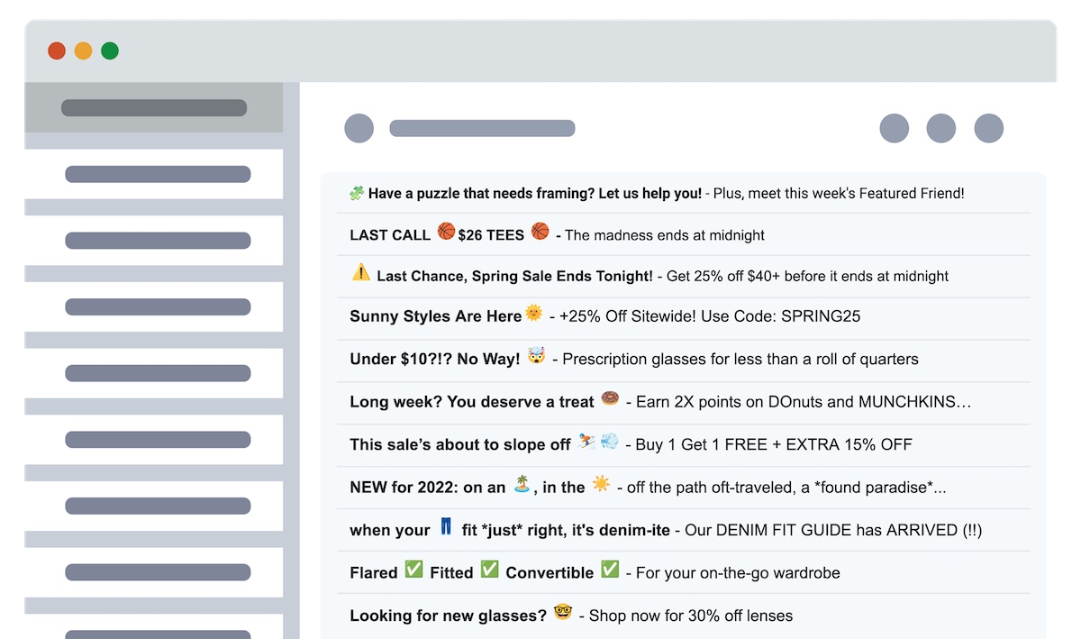 illustrated email inbox showing emojis in subject lines