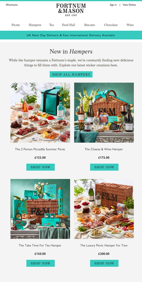 Fortnum and Mason email example showing variation 1 of personalization