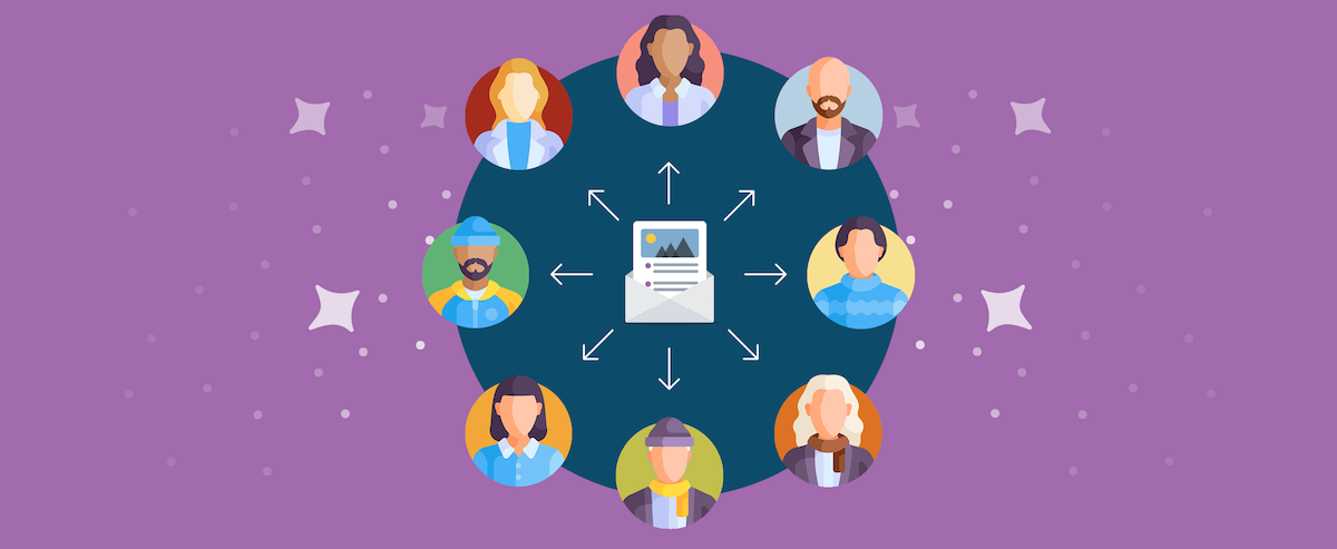 Illustration of email with arrows pointing out to 8 different avatars