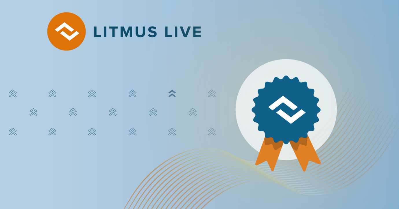 Illustration of Litmus Live 2022 logo on top of blue background with a medal