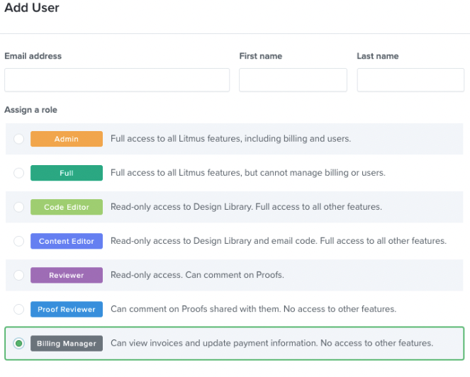 Screenshot of New “Billing Manager” user role in Litmus