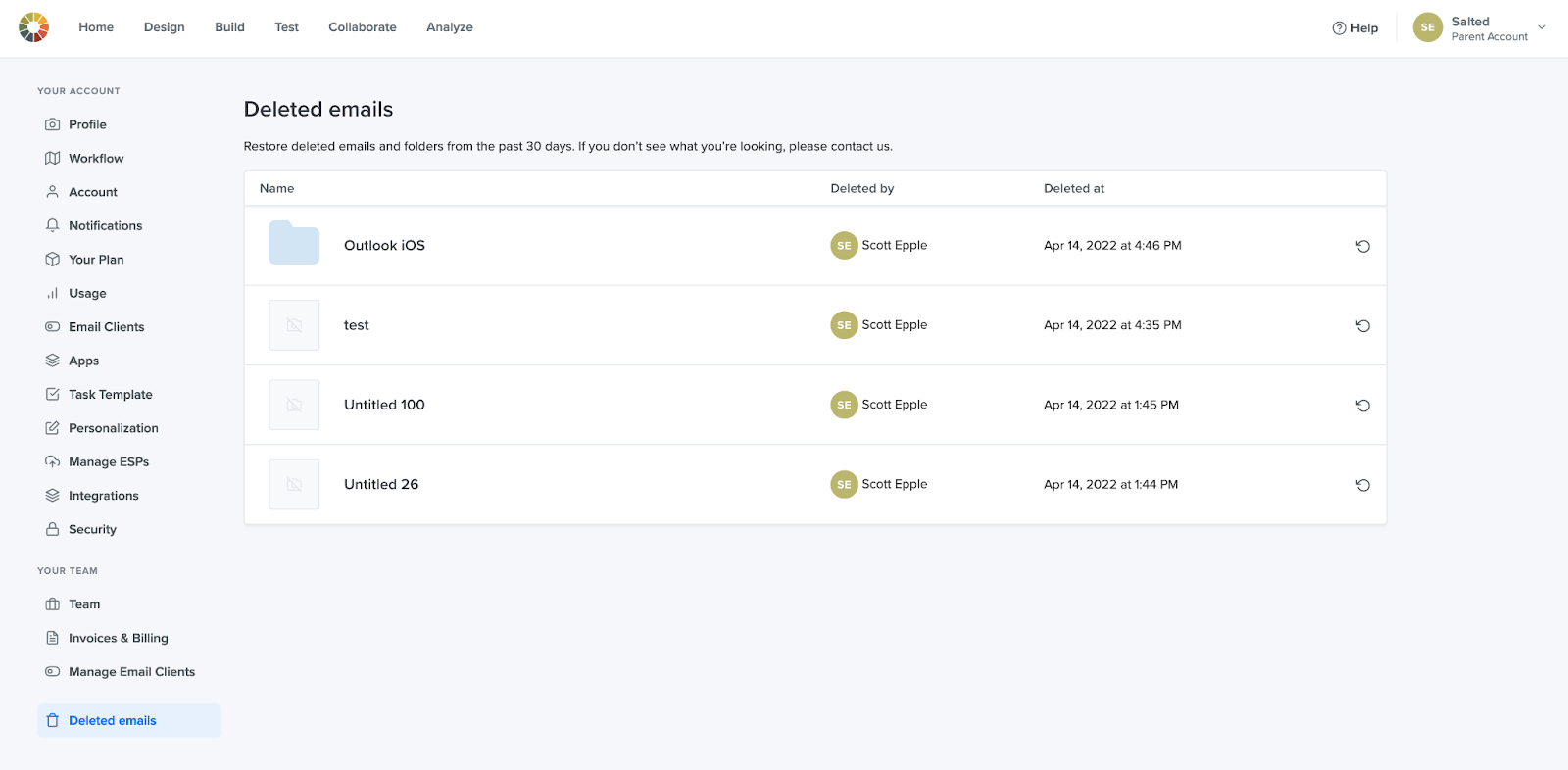 screenshot of new feature on Litmus which allows you to restore deleted emails in Litmus from the past 30 days