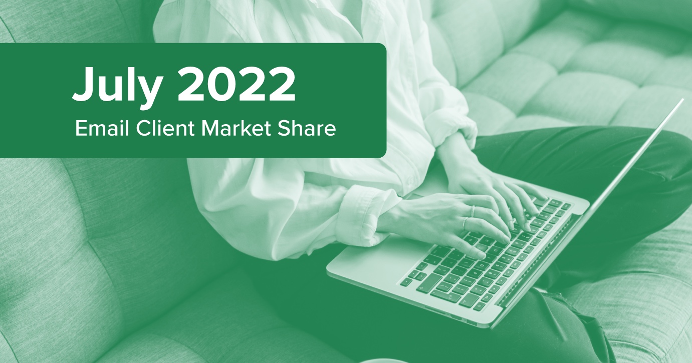 person typing on laptop with overlay text reading: July 2022 Email Client Market Share