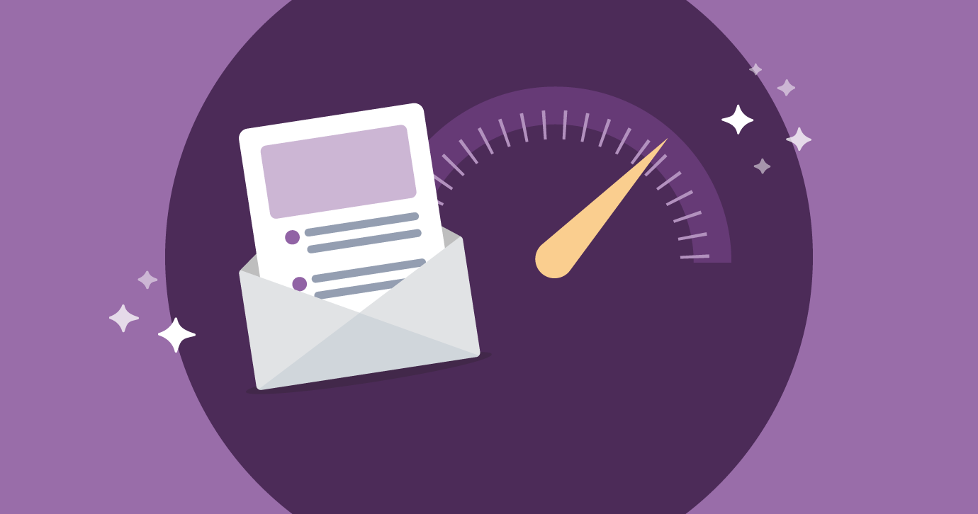 illustration of email and meter with sparkles on top of a purple background