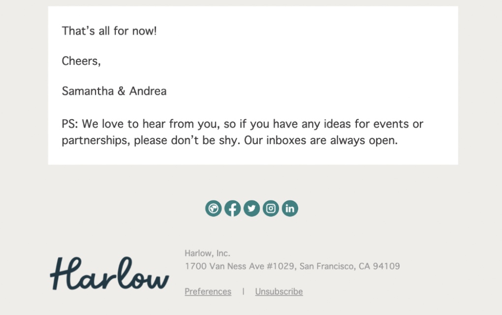 Example of a great place in email footer for sign-off note