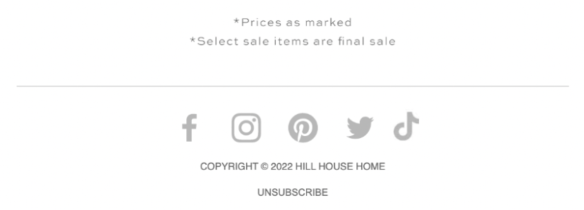 Example of final sale copy in the footer of your email