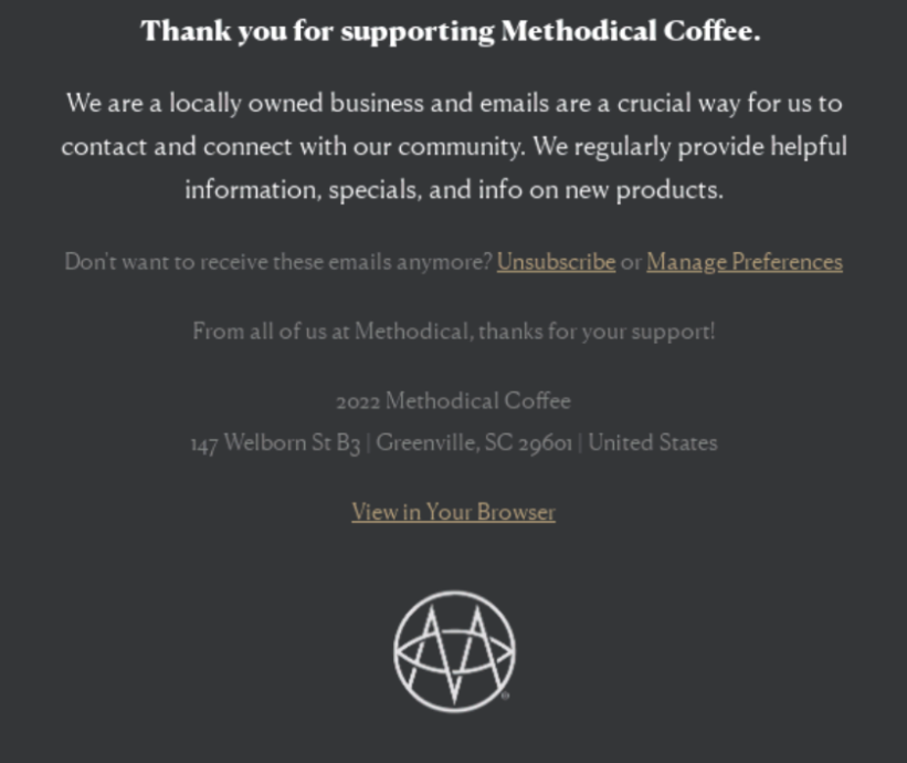 Example of thanking customers in the fine print of email footer