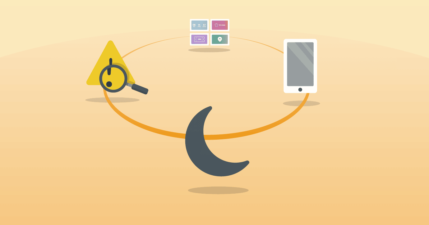 illustration of moon, tablet, and warning sign