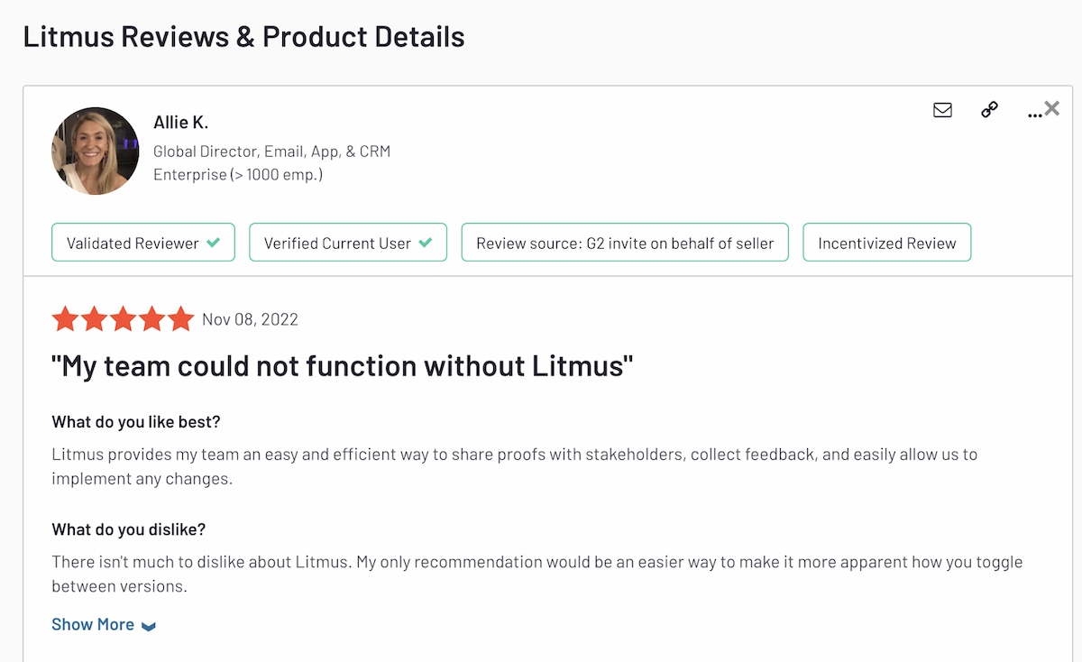 Review left by Litmus customer of G2