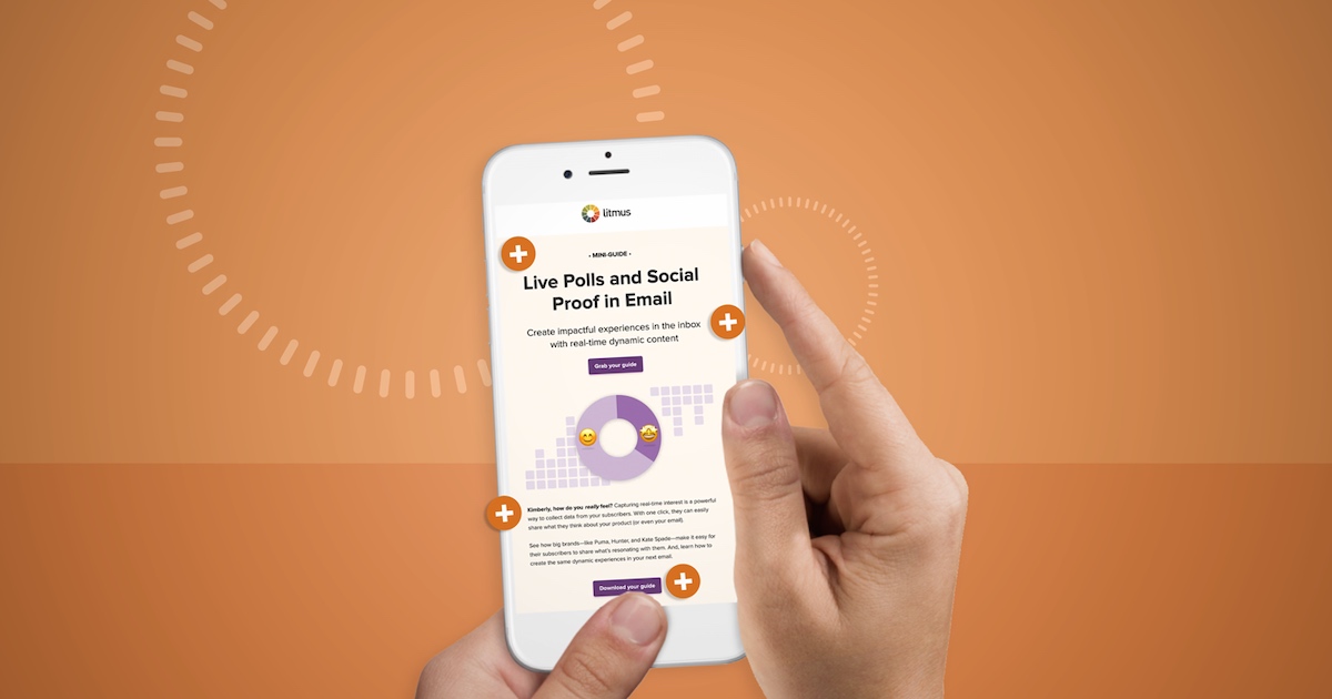 iphone displaying litmus email, beinh held by a pair of hands on top of an orange background