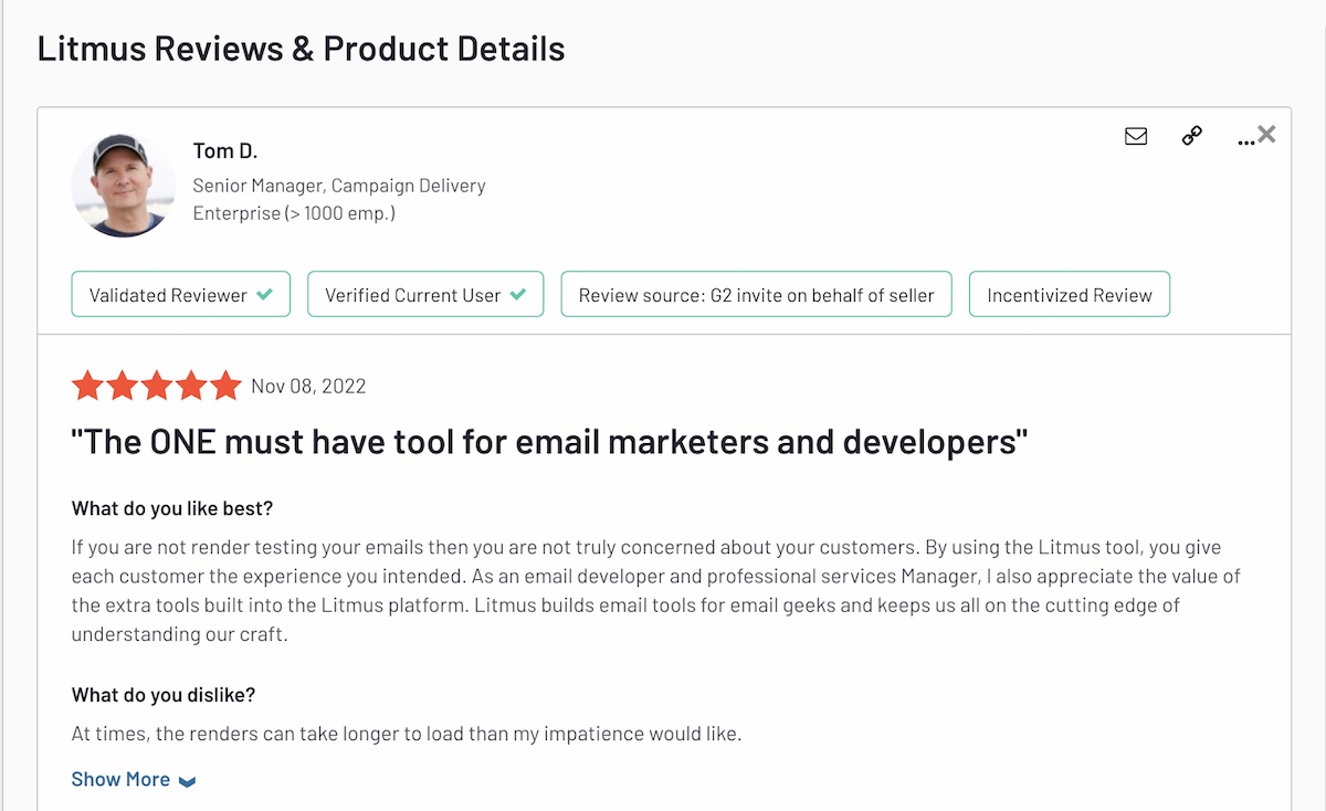 Review left by Litmus customer of G2
