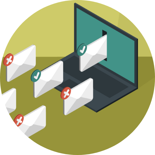 email envelopes floating into a laptop on top of a green background