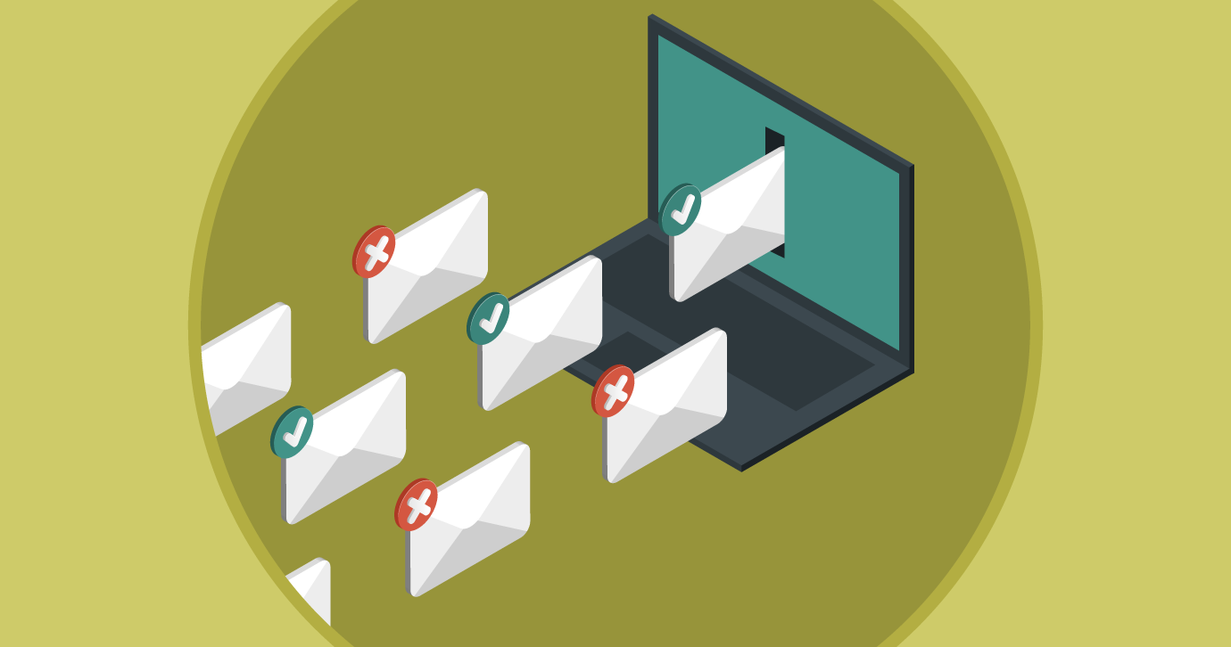 Image of envelopes floating into a laptop on top of a green background