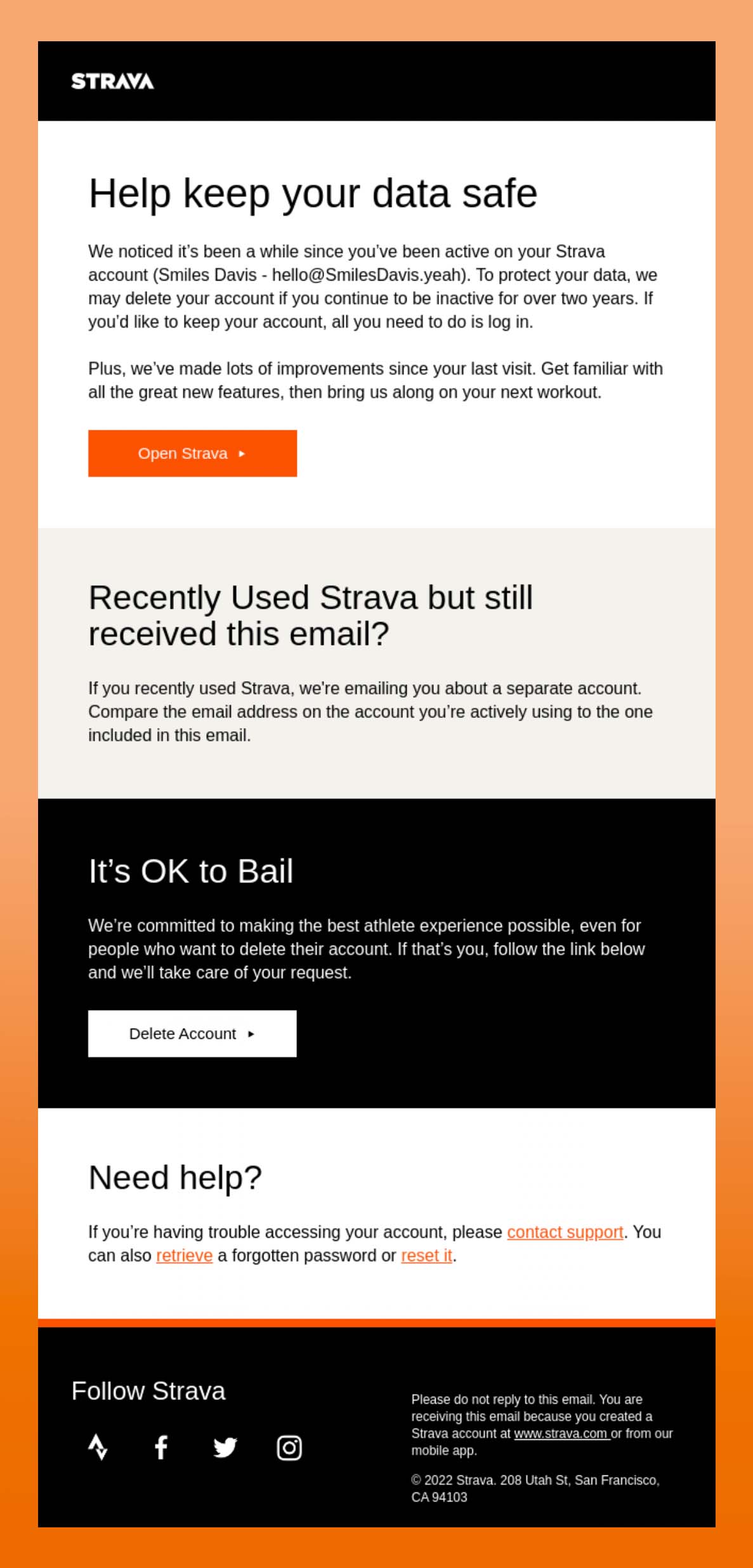 email marketing example from Strava, with usability top of mind