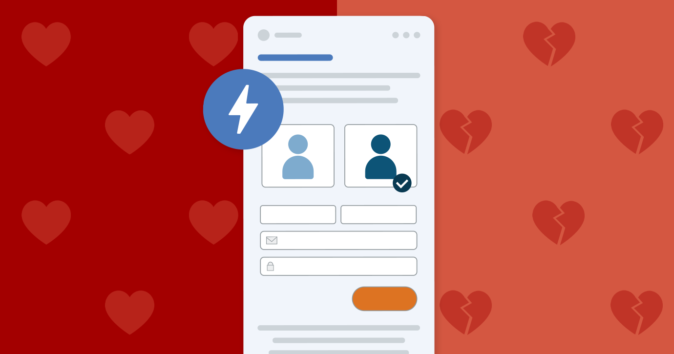 illustration of an AMP for email email on top of a red background with hearts and broken hearts