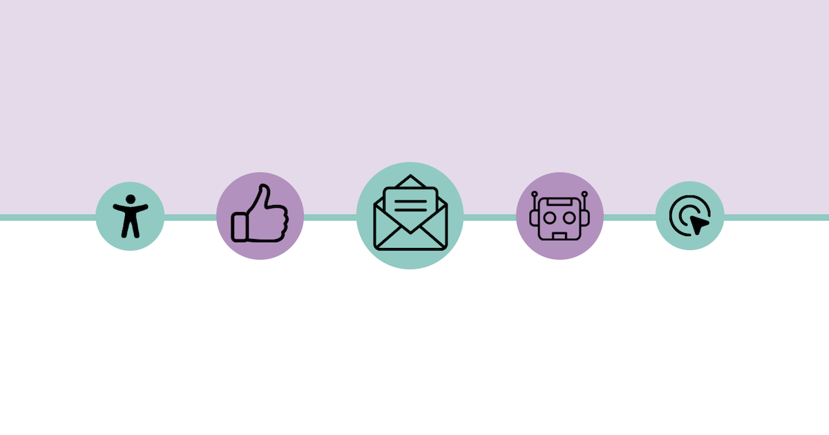 five icons on top of a purple and white background