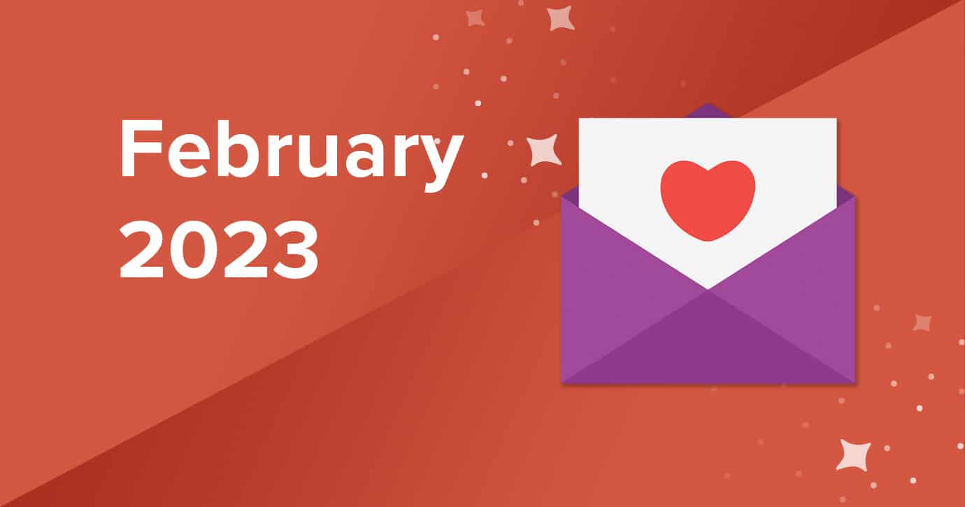 illustration of a love letter with February 2023 overlay text over a red background