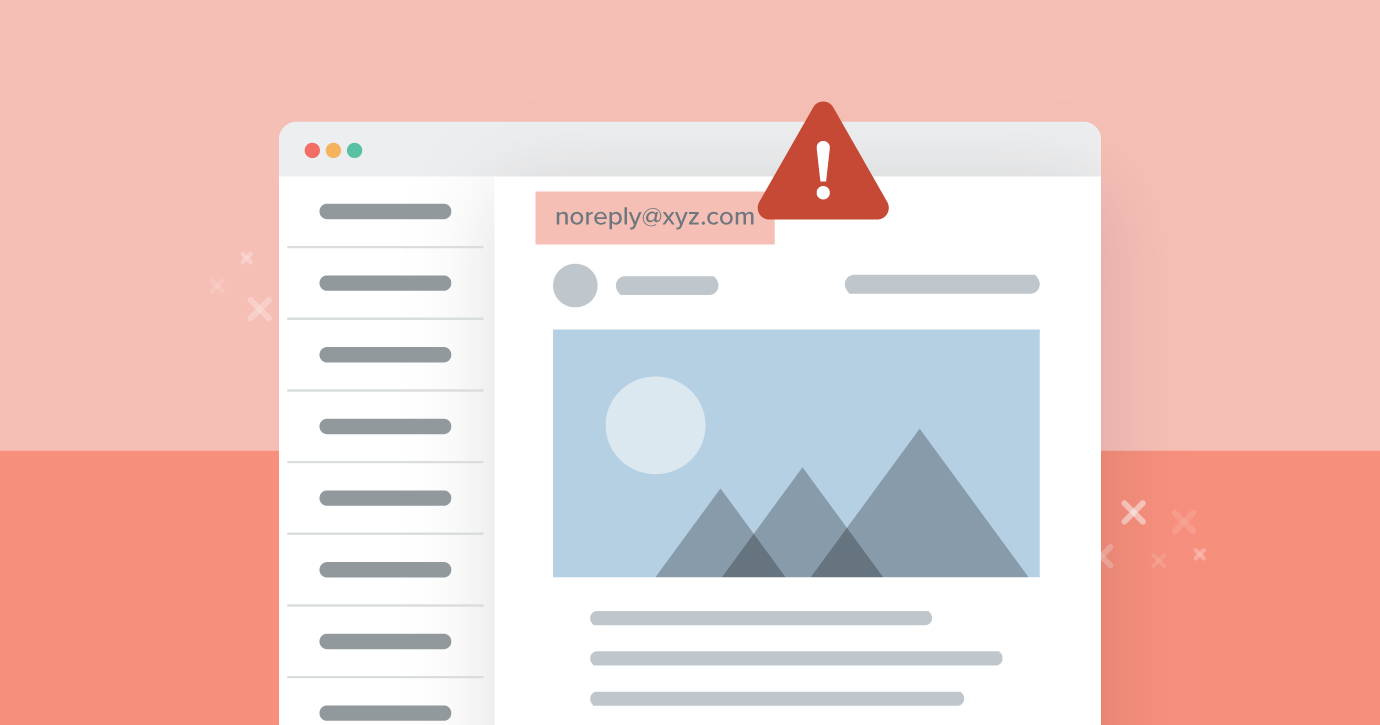 illustratino of an email with a warning sign on top of a pink and red background