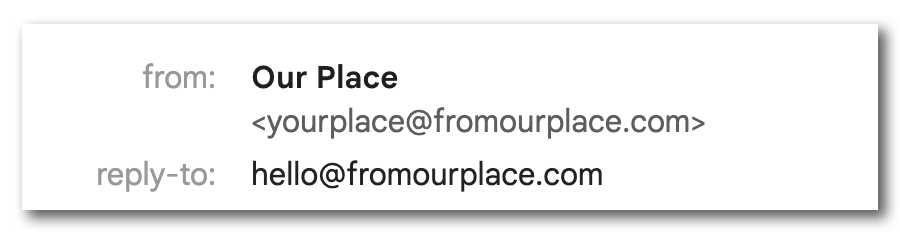 Our Place uses hello@fromourplace.com as their reply-to address.