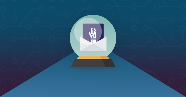 illustration of an artificial hand within a crystal ball on top of a blue background