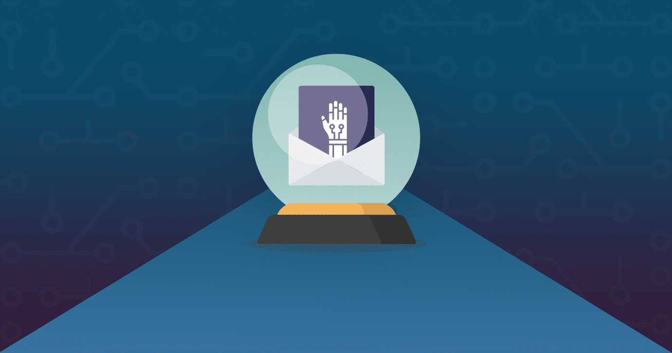illustration of an artificial hand within a crystal ball on top of a blue background
