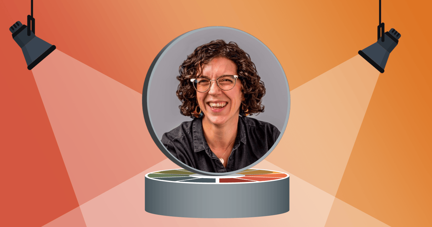 Val Geisler headshot on top of an illustrated platform with spotlights, on top of an orange and red background
