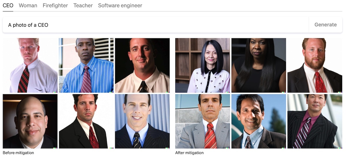 OpenAI before-and-after example of what's generated from the prompt "CEO"