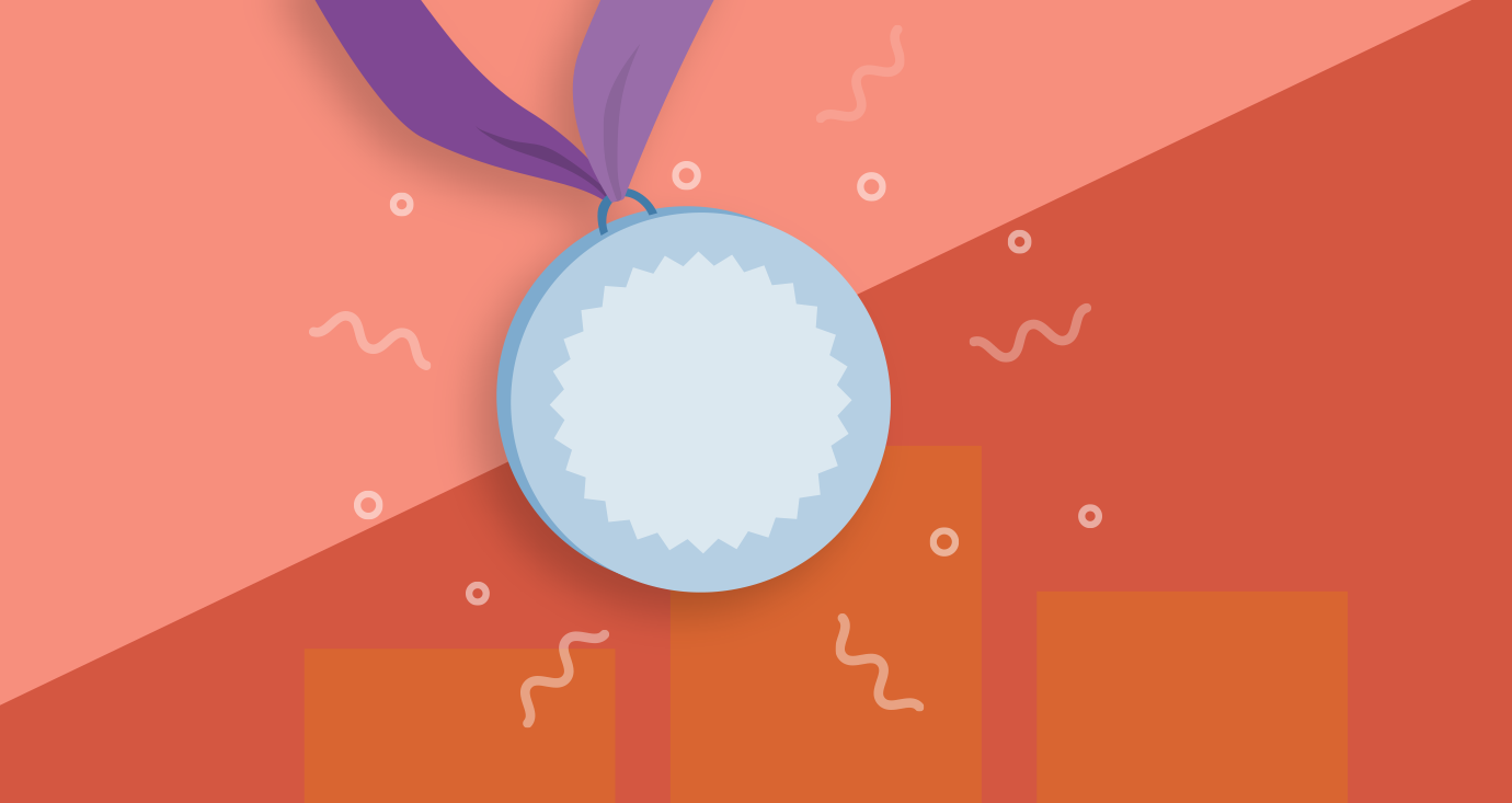 illustration of a badge with confetti on top of read background