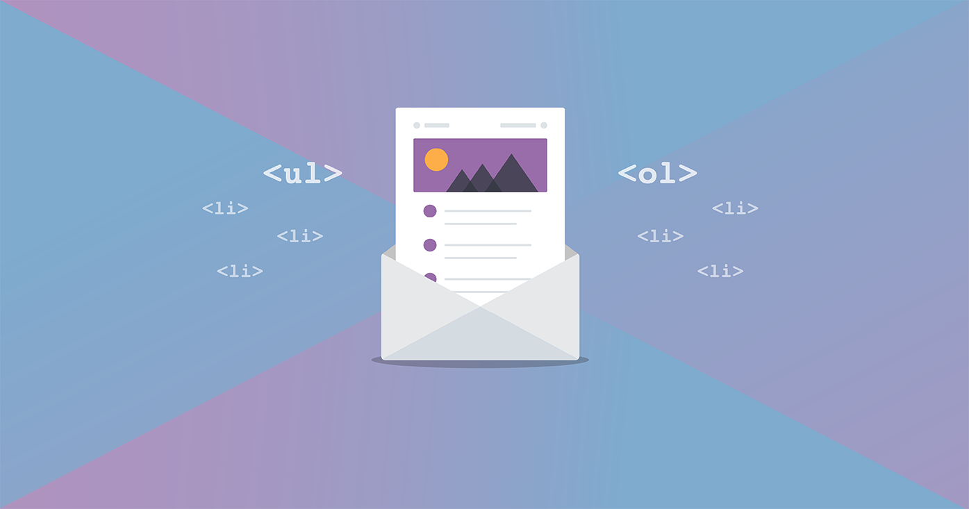 illustration of an email coming out of an envelope, decorated with list tags on top of a purple blue gradient background.