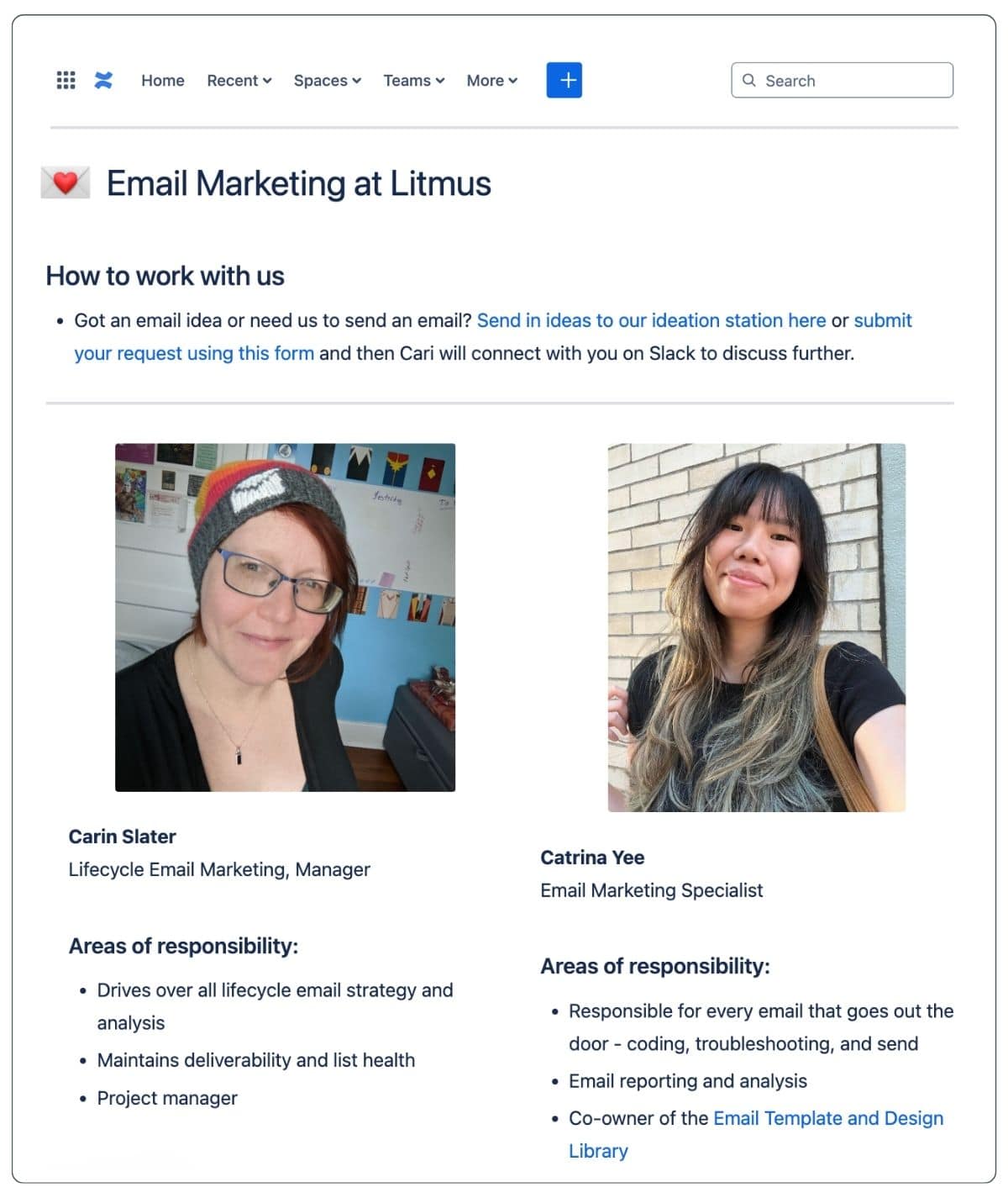 Webpage from Litmus on 'How to work with us' in the Email Marketing section. The page features profiles of two team members, Carin Slater, Lifecycle Marketing Manager, and Catrina Yee, Email Marketing Specialist. Each profile includes a photo of the individuals smiling, a list of their areas of responsibility such as managing email strategy and coding emails, and links to further connect or submit ideas via Slack.