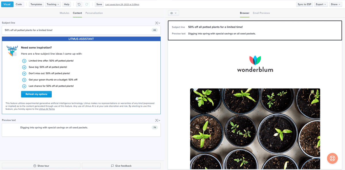 Get subject line and email copy inspiration from Litmus Assistant
