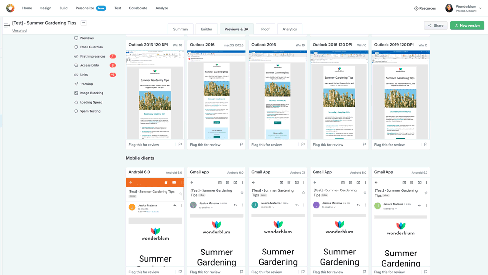 Send emails into Litmus for a full pre-send test including spam filter testing to avoid deliverability issues.
