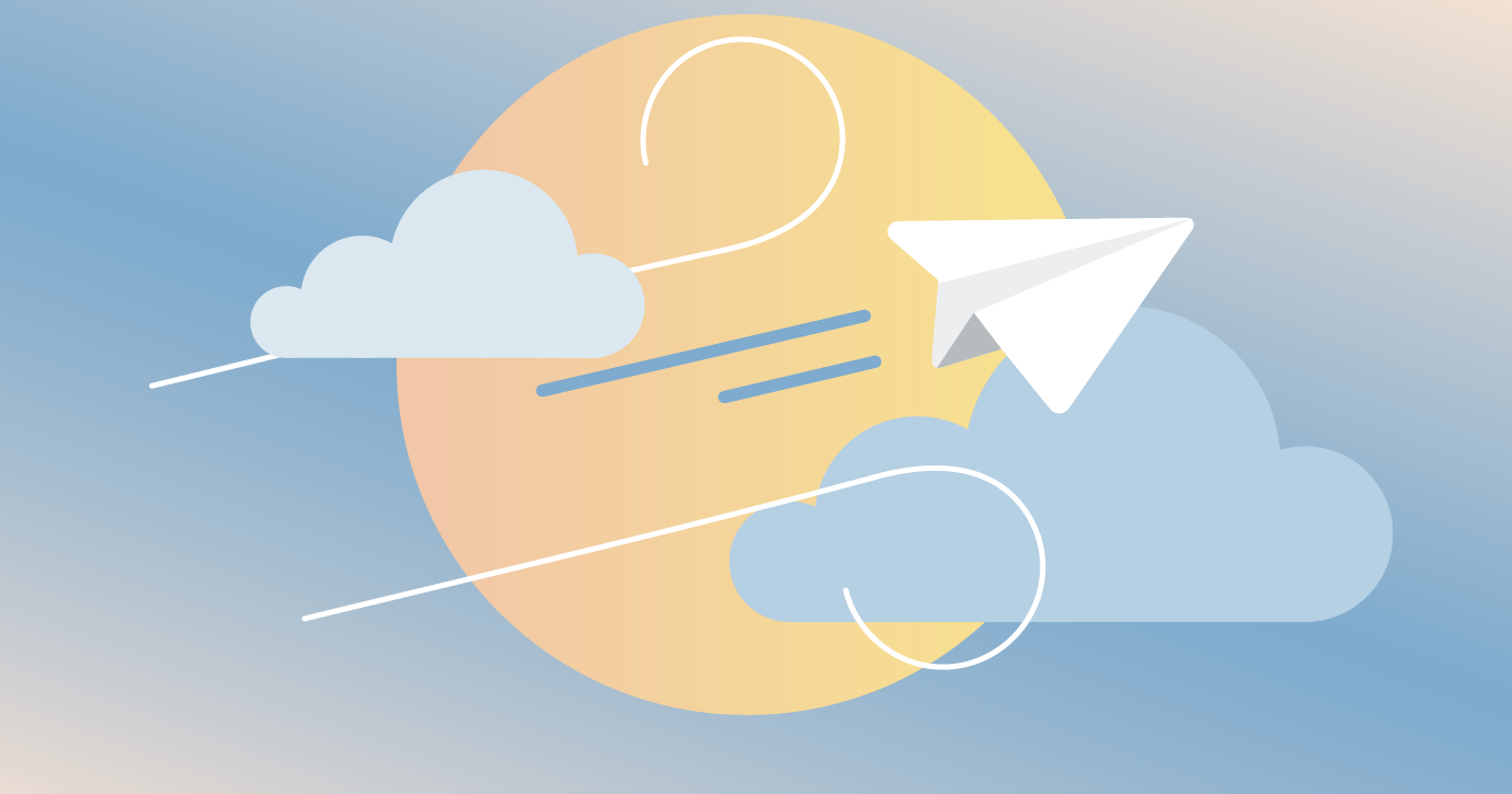 A illustration of a paper plane flying through the sky against the winds of change.