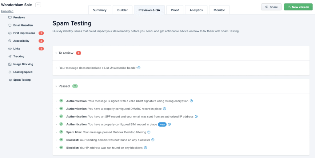 A screenshot showing what a Litmus Spam Test result looks like in the application.