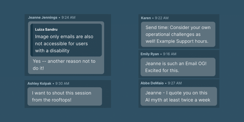 Screenshots of comments from Jeanne Jennings' Litmus Live session