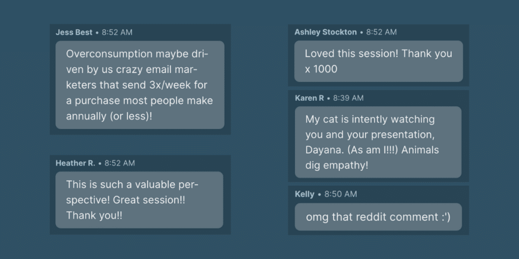 Five screenshots of comments from Dayana Kibilds' Litmus Live session