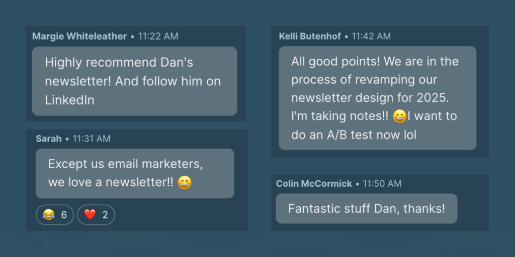 Four screenshots of comments from a Litmus Live session