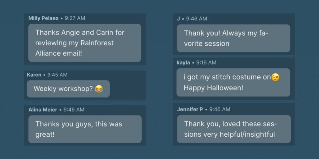 Six screenshots of comments from a live email optimization session